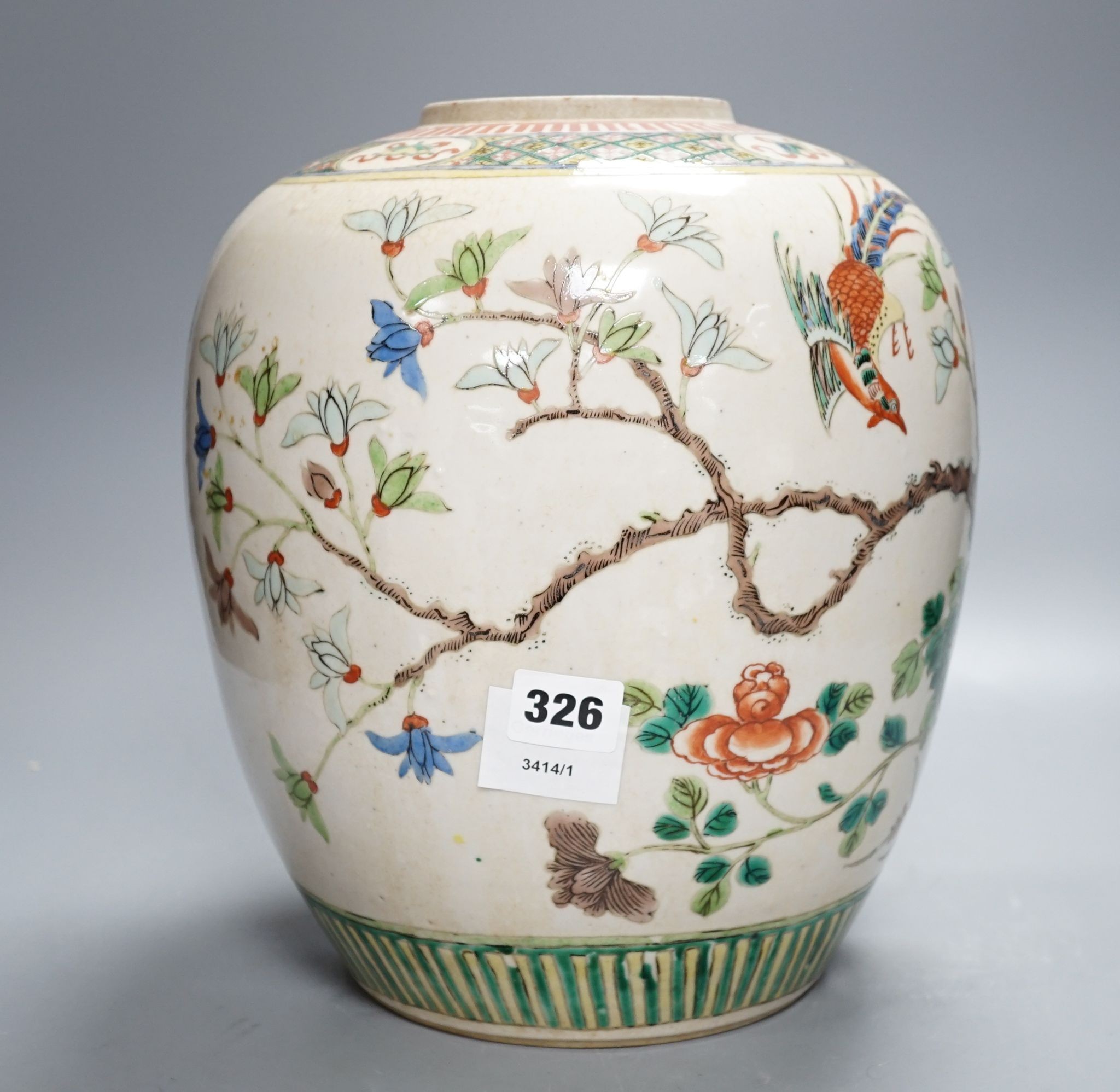 An early 20th century Chinese famille verte crackle glaze jar, 30cm